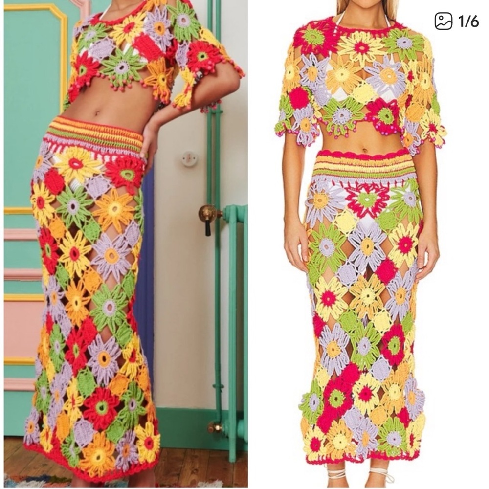 Celia B Crochet Dover Maxi Skirt and Coral Crop Top Floral Multicolor